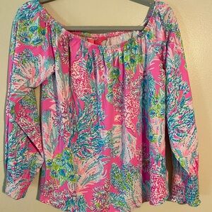 Lilly Pulitzer Pink and Blue Ruffled Long Sleeve Blouse